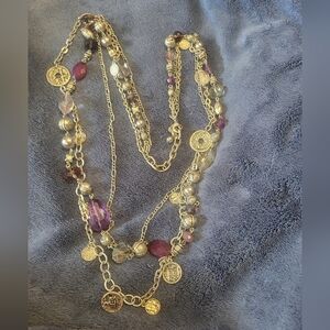 Premier designs , three strand necklace with coins and acrylic beads